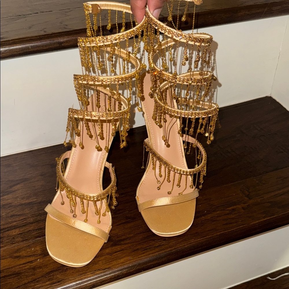 Mata Shoes Gold Beaded Strappy Heels